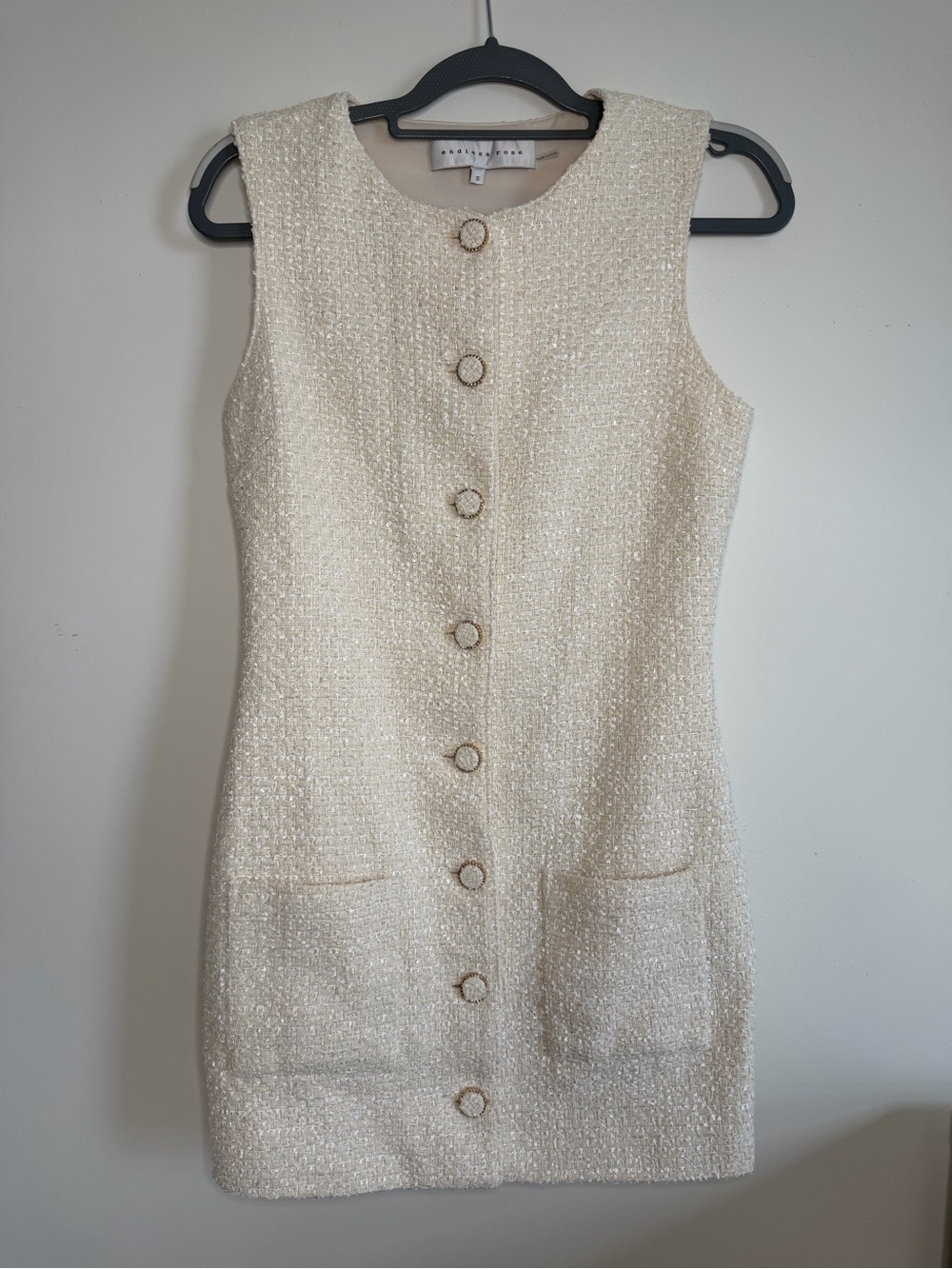 Endless Rose Cream Tweed Sleeveless Button-Front Dress